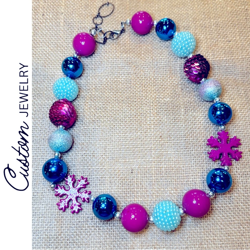 Chunky 19" Frozen Beaded Necklace Blue Purple Silver Snowflake